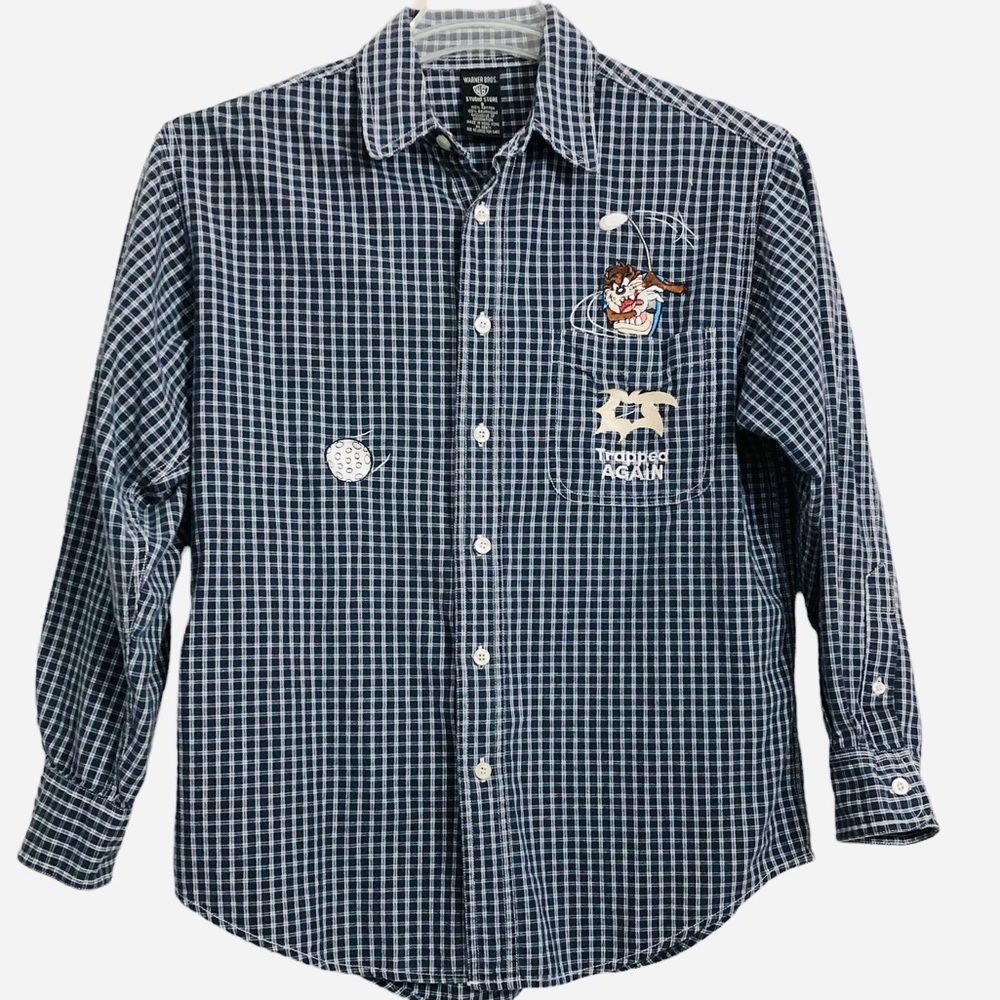 VTG 90s Warner Bros. Tazmanian Devil "Golf trapped again" Plaid Button Down S
